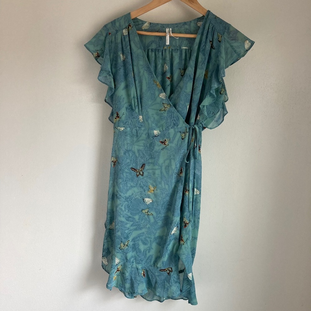 Anthropologie Teal Butterfly Print Mini Wrap Dress